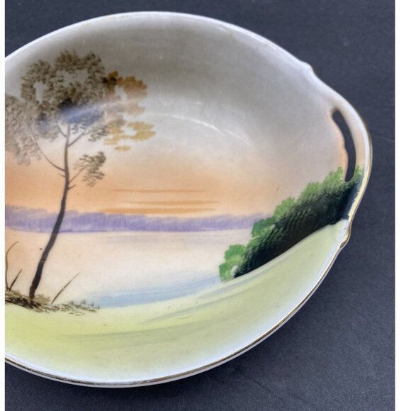 Vtg Meito China Bowl Dish Japan Hand Painted Landscape Lake 2‎ Handle 1930s 40s - Picture 4 of 11
